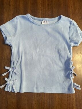 Zara Light Blue Ribbed Short Sleeve Tee with Side Bows